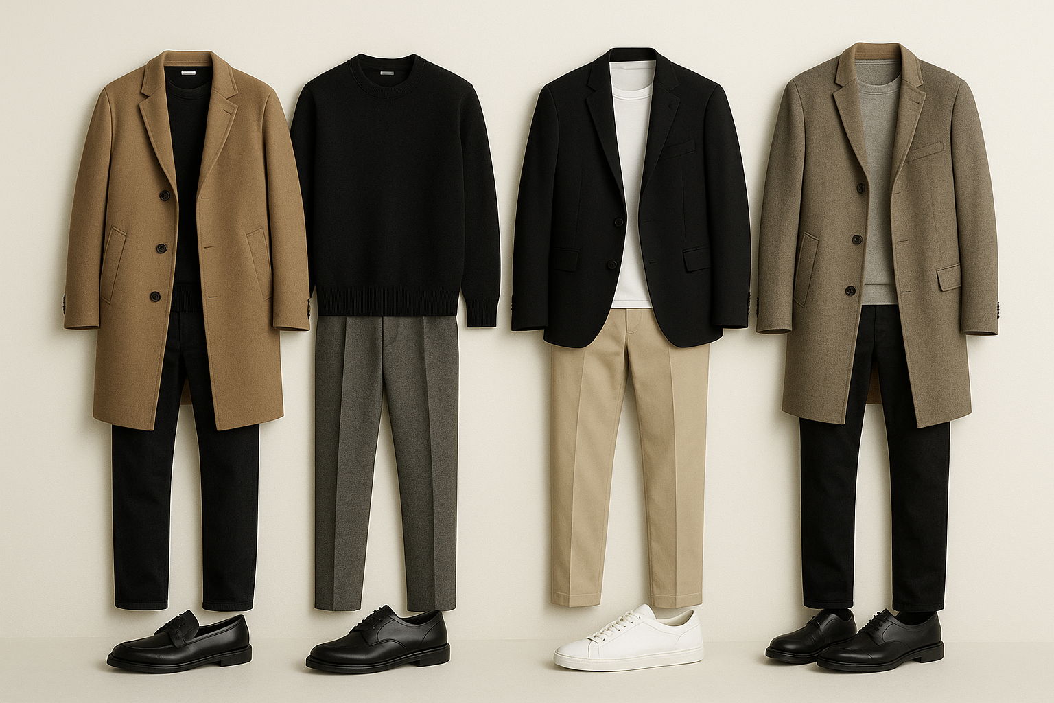 A capsule wardrobe visual showing 57 key luxury staples styled in different ways Do it with mens wear Dont write anything on the image-1