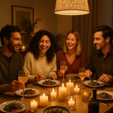 A cozy evening scene warmly lit dining room with friends gathered around a table adorned with saffroninfused drinks glowing candles and gourmet dishes Laughter and connection fill the airluxury wellness and real moments combined-1