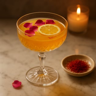 A crystal coupe glass filled with golden saffron mocktail garnished with delicate rose petals and a thin citrus slice resting on a marble countertop beside a small dish of vibrant saffron threads Soft candlelight flickers in the background creating a
