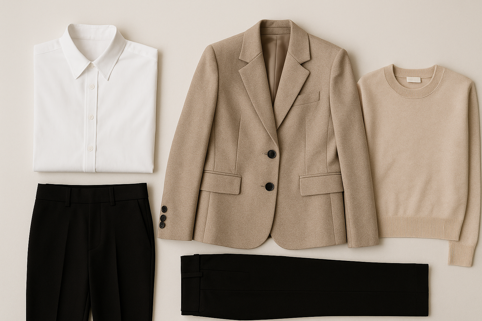 A flatlay photo of a minimalist capsule wardrobe with neutral tones black white beige featuring luxury staples like a crisp white shirt tailored pants and a structured jacket-1