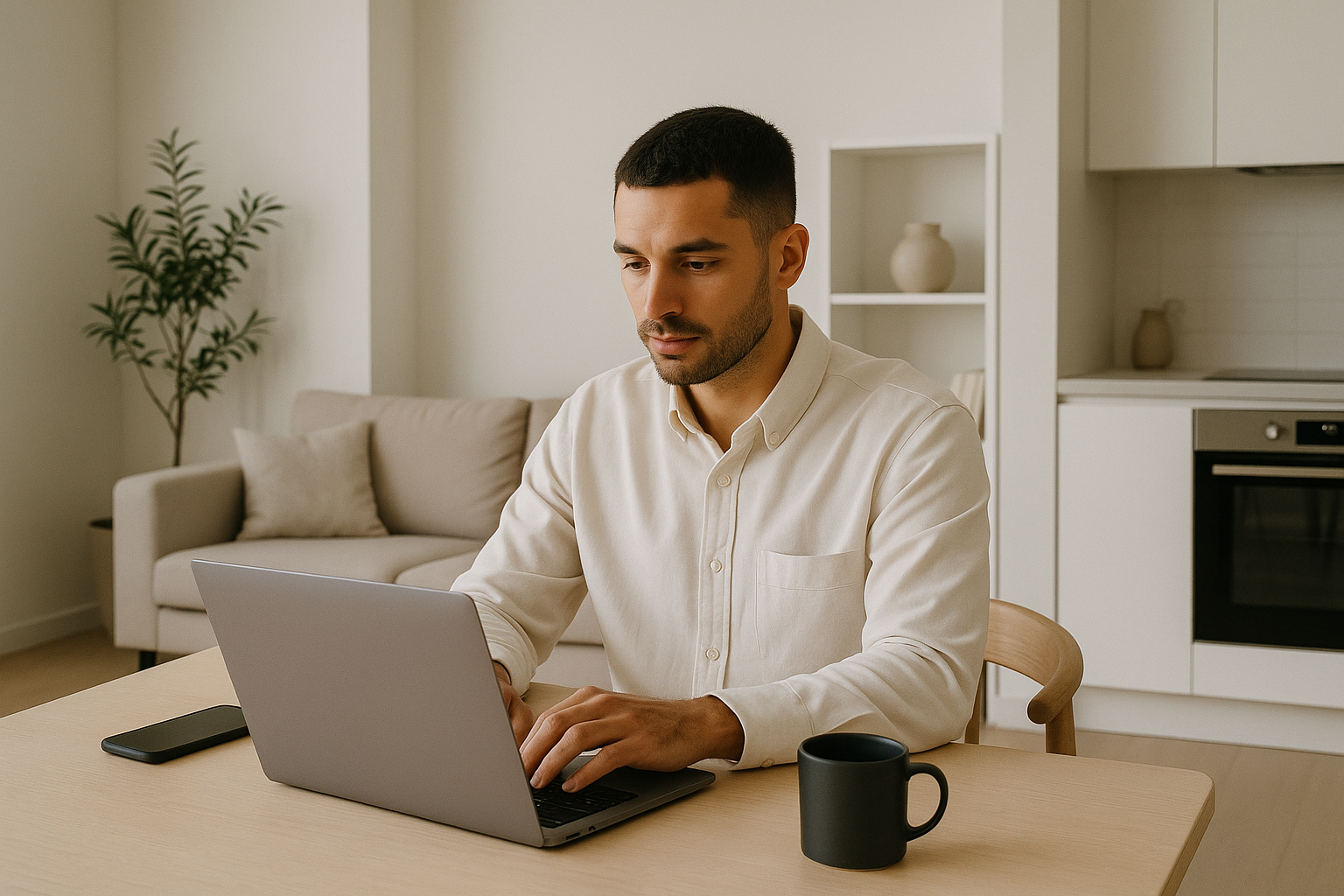 A lifestyle image of a modern professional in a minimalist apartment neutral interiors clean clothing aesthetic-3