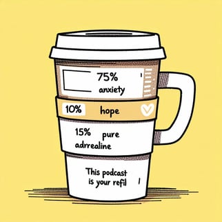 An illustrated coffee cup with labels like 75 anxiety 10 hope 15 pure adrenaline  and a caption that says This podcast is your refill-1