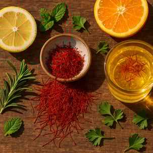 Closeup flat lay of vibrant saffron threads spilling from a tiny ceramic dish onto a rustic wooden table surrounded by citrus slices fresh herbs and a sparkling glass of saffron juice catching natural daylight-1