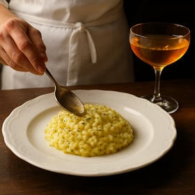 The chef clad in a pristine white apron skillfully arranges the creamy risotto on a delicate porcelain plate each spoonful perfectly sculpted to create an inviting mound Nearby a crystal coupe sparkles in the ambient light the saffroninfused beverage