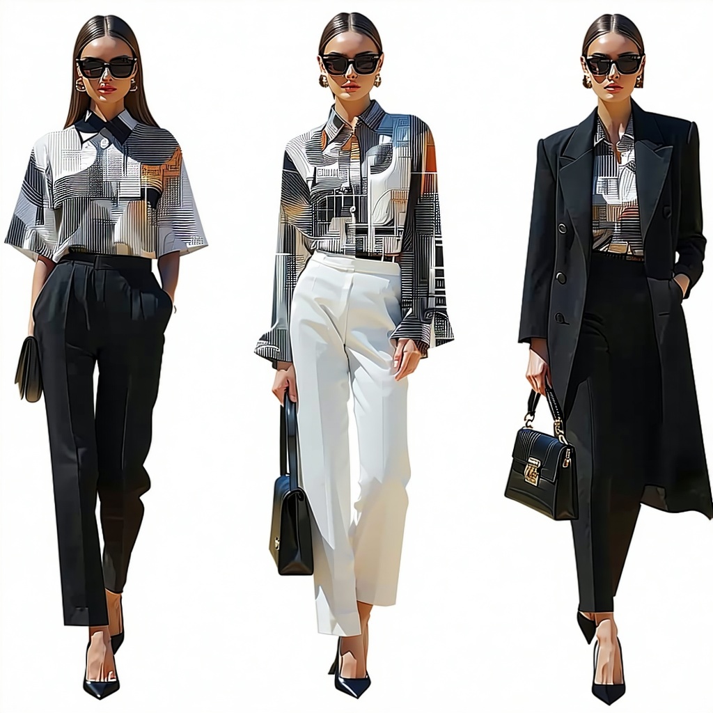 The collage presents a visually striking ensemble that showcases three distinct outfits tailored for different occasions a polished work look a relaxed casual dinner attire and an elegant formal evening ensemble Each outfit centers around a versatile-1