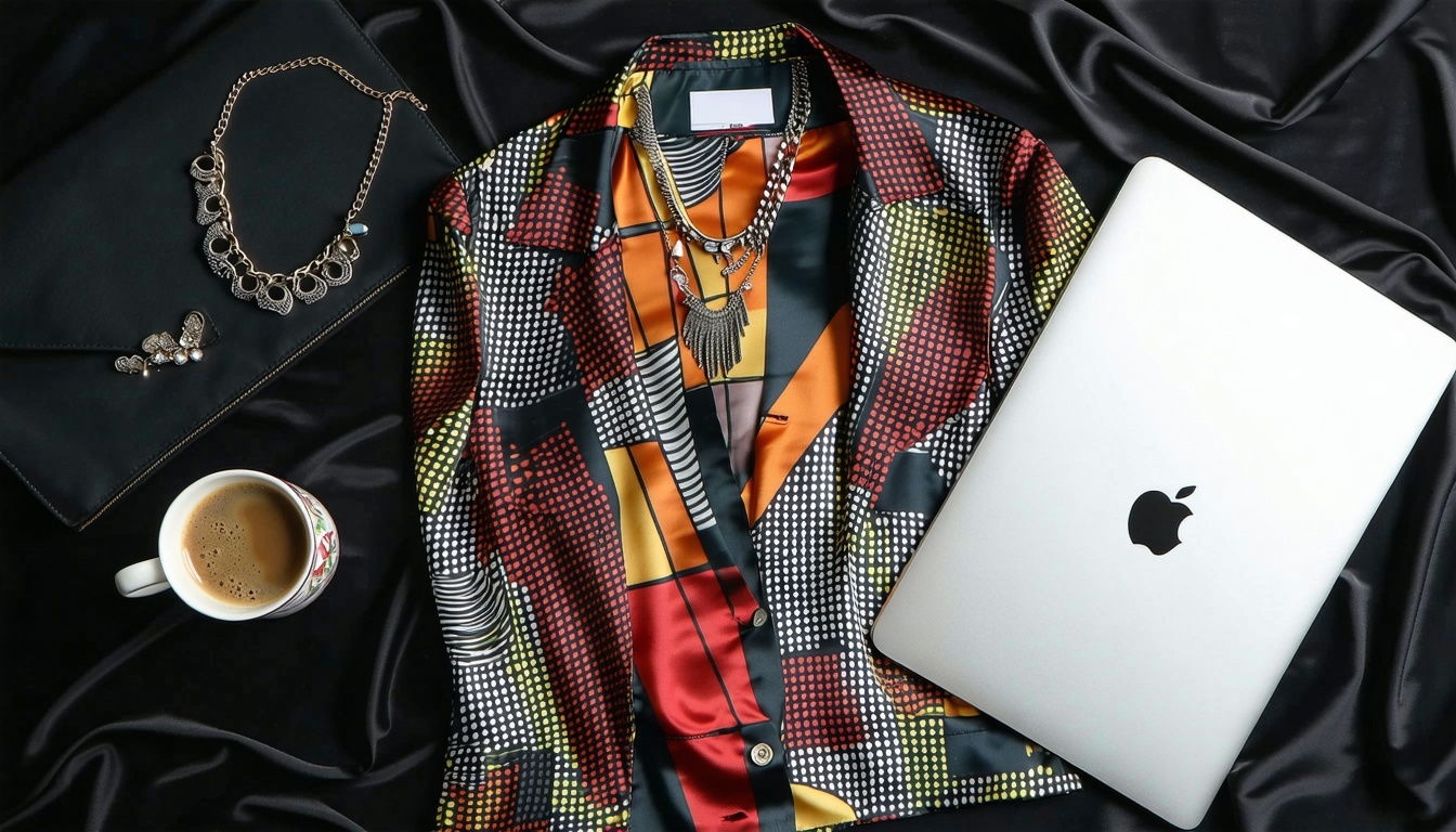 The flat lay showcases a chic and sophisticated arrangement centered around a vibrant graphicprint blouse complemented by a tailored blazer that adds structure and refinement Surrounding these key clothing pieces a collection of statement jewelry gli-2