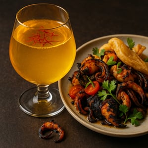 The image captures a closeup view of a luxurious saffroninfused beverage its vibrant golden hue shimmering in the light inviting the viewer to savor its rich aroma Beside it lies an artfully arranged plate of charred seafood the smoky darkened edges-1