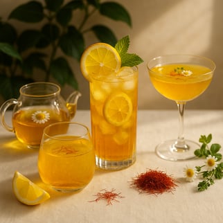 The image depicts a luxurious elegantly designed table setting featuring a variety of saffroninfused beverages Each drink is presented in delicate glassware showcasing vibrant hues of golden yellow and deep amber capturing the eye with their shimmeri