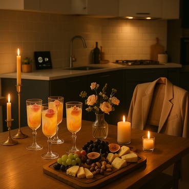 The image features a beautifully arranged kitchen table accentuated by soft golden candlelight and a chic oversized blazer draped casually on a nearby chair In the foreground tall glasses filled with shimmering saffroninfused drinks catch the light d-1