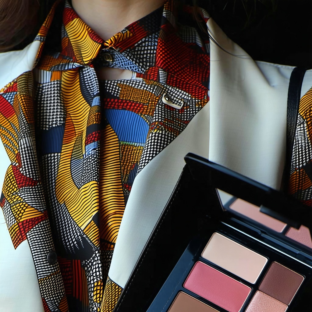 The image features a striking closeup of a vibrant graphic blouse its intricate patterns and bold colors subtly emerging from beneath the tailored lapels of a chic blazer This sophisticated ensemble is complemented by a stylish streamlined laptop bag-1
