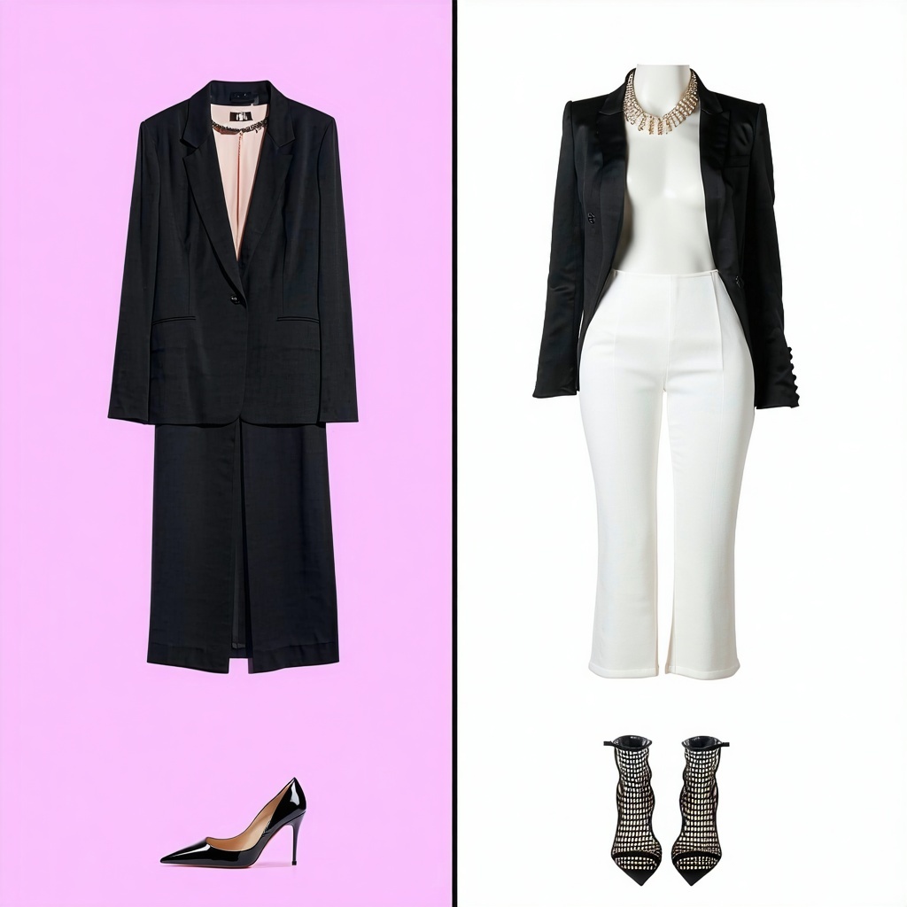 The splitscreen visually contrasts two distinct styling approaches for the same outfit showcasing how it can transition seamlessly from a professional office look to a chic evening ensemble Each side features carefully curated accessories footwear an