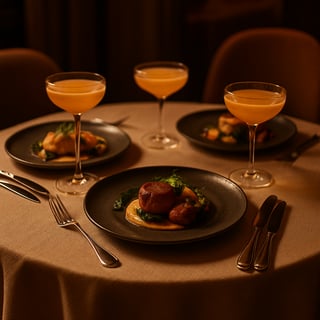 The table is adorned with an exquisite cloth that complements the sophisticated ambiance while the three saffron cocktails served in elegant coupe glasses boast a rich golden hue that glimmers under the soft warm lighting Each fine dining plate is me