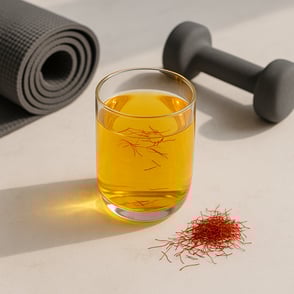 Visual Concept A clean modern flat lay that conveys a sophisticated wellness routine Include a sleek glass of golden saffroninfused drink subtle gym equipment like a yoga mat or dumbbells in the background and natural lighting highlighting the golden