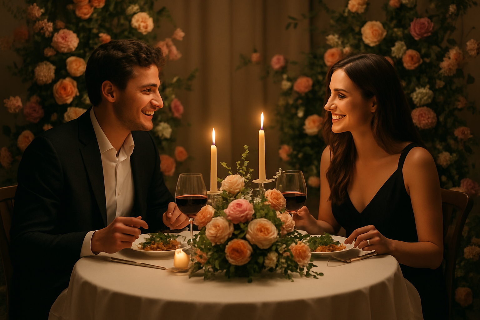 Chic garden party setup with rattan chairs, white floral arrangements, and hanging lanterns against a lush green backdrop, ideal for a bachelorette brunch.