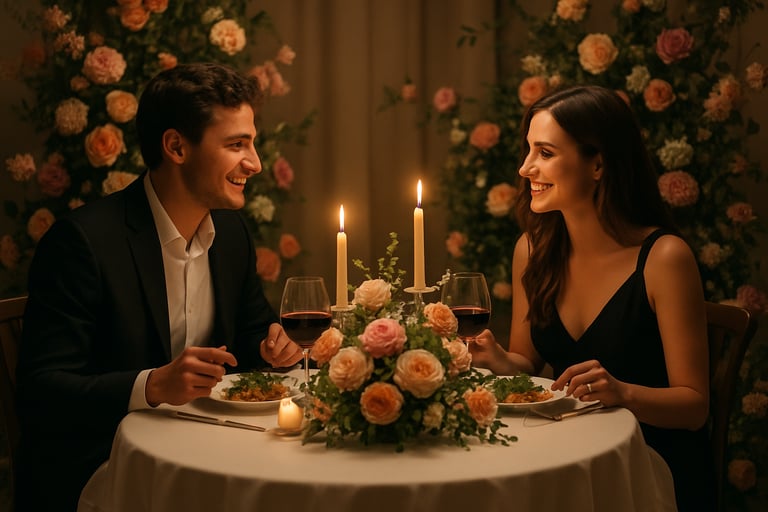a couple having dinner in a table setup decorated with flowers-1
