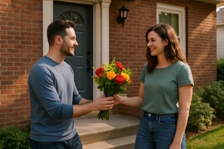 a man giving a women flowers before theyre going out on a date in front of her house with casual clothes-3