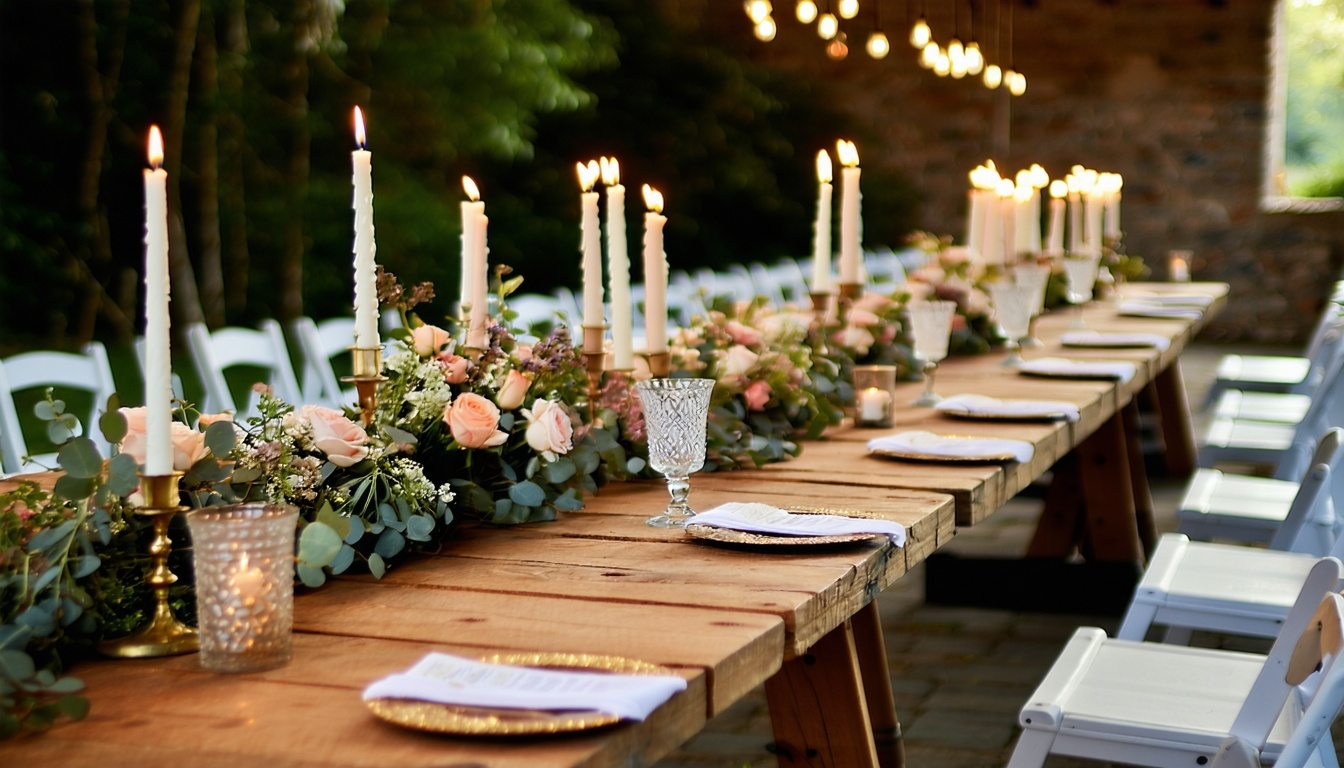 long wood table decorated wedding with candles and flowers