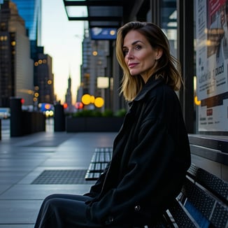 mage of a woman sitting on a city bench looking thoughtful but calm with muted city lights behind herWoman balancing work and life reflecting quietly in an urban setting
