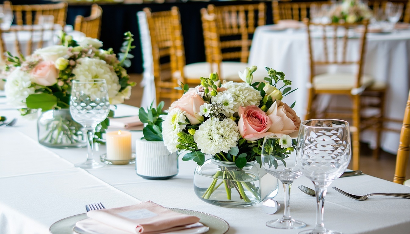 Chic garden party setup with rattan chairs, white floral arrangements, and hanging lanterns against a lush green backdrop, ideal for a bachelorette brunch